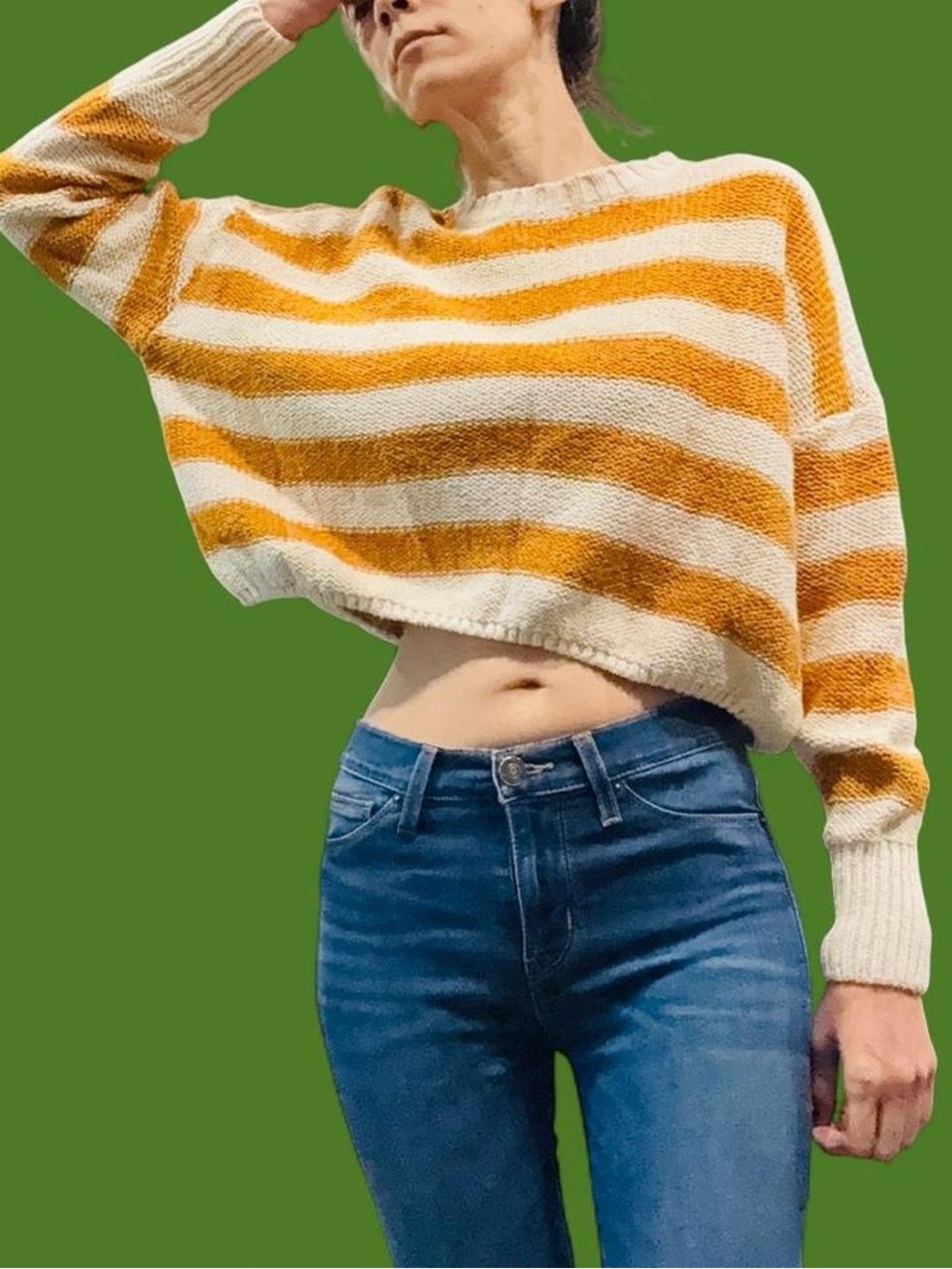 Billabong Striped Cropped Sweater Small Yellow Cream Chunky Knit Beachy